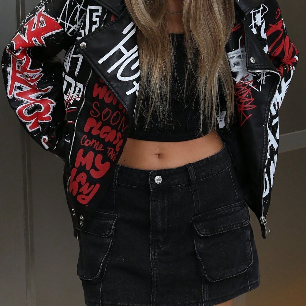 Black Casual Women's Trendy Colorful Graffiti Letter  Punk Style Leather Jacket - Picture 7 of 8
